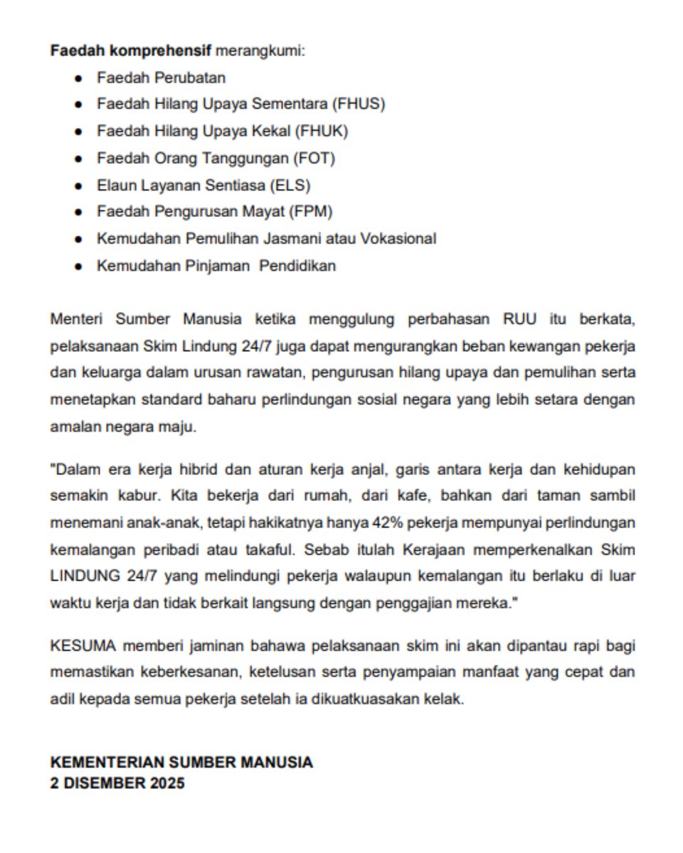 💥[SIARAN MEDIA]

SIARAN MEDIA SKIM LINDUNG 247 MANFAAT 9.6 JUTA PEKERJA  PINDAAN AKTA KESELAMATAN SOSIAL 1969 (AKTA 4) LULUS DI DEWAN RAKYAT

Kuala Lumpur | 2 Disember 2025 | SELASA
#KementerianSumberManusia #KESUMA #MalaysiaMADANI #SkimLindung247 #PERKESO #PerlindunganSosial