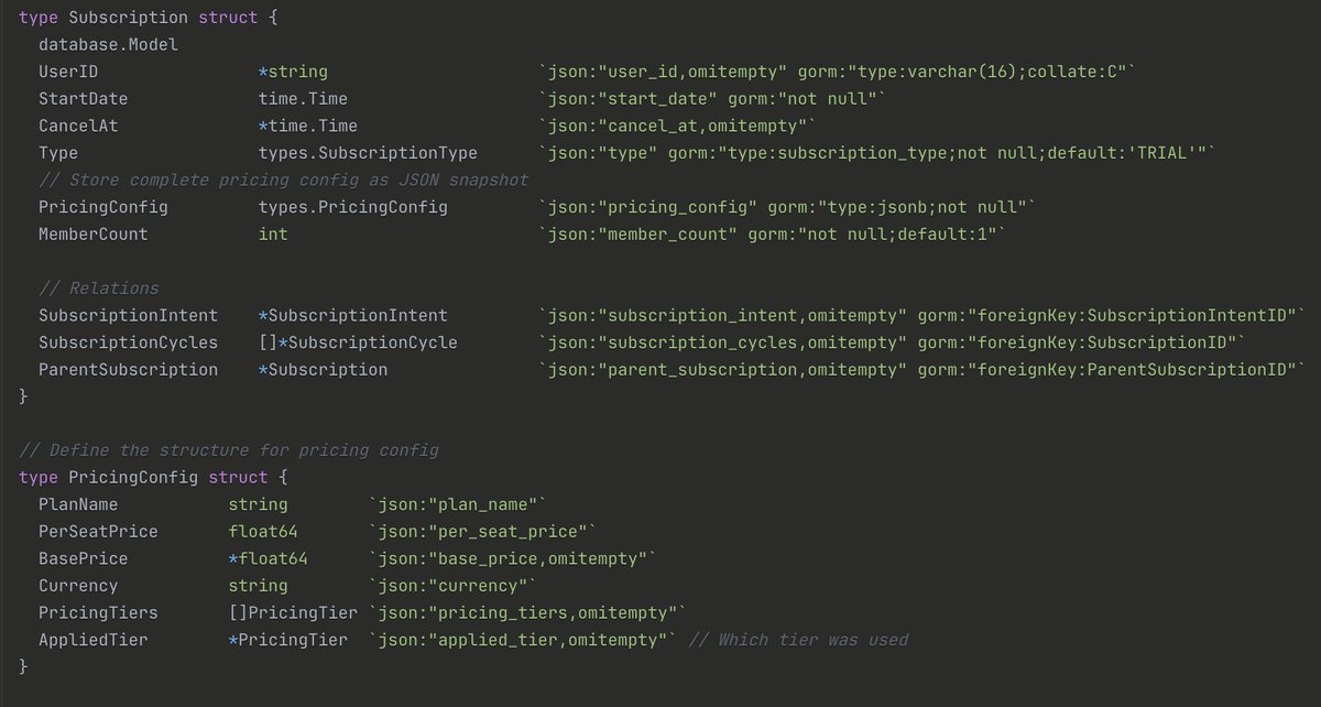 One thing I learned while designing subscription pricing is that not every config belongs in a separate database table.

When the structure keeps changing, rigid schemas become a bottleneck.
For dynamic configs it is far more practical to store them as JSON and bind them to a