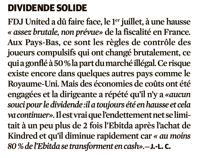 🃏 FDJ United $FDJU

Lors des <a href="/InvestirDay/">Investir Day</a>, la dirigeante a dit : "Aucun souci pour le dividende : il a toujours été en hausse et cela va continuer"

🤷‍♂️ Un discours qui a de quoi laisser perplexe ?

Il est pour rassurer qui ?

Les actionnaires mais de quel profil ? Les plus âgés