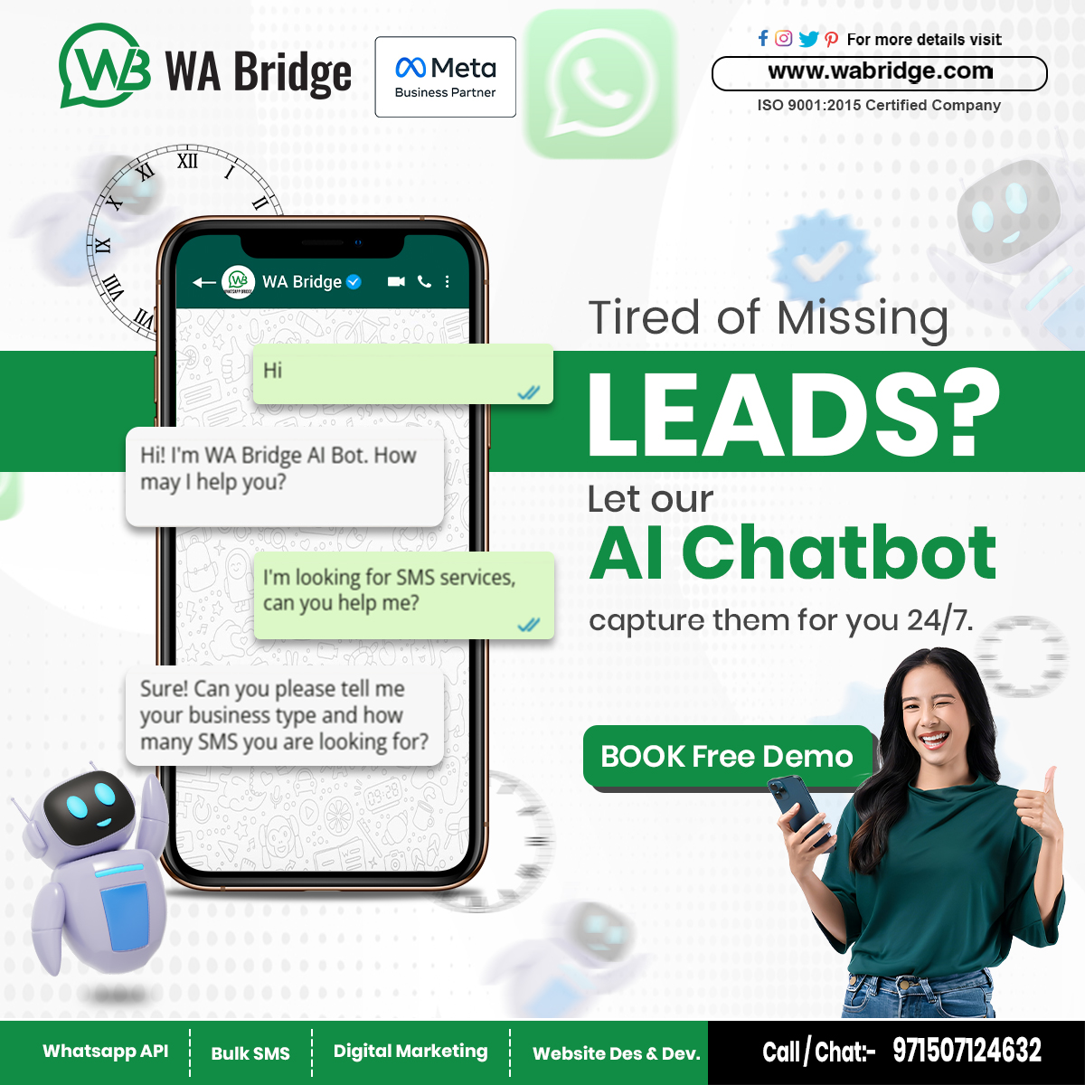 wabridge_uae's tweet image. Never miss a lead again — let our AI Chatbot engage and qualify customers 24/7
Turn WhatsApp conversations into conversions with WA Bridge

📞 +971507124632
🌐 wabridge.com

#WhatsAppBusinessAPI #whatsappapi #Bulksms #bulksmsservices #whatsappaichatbot #whatsappaibot