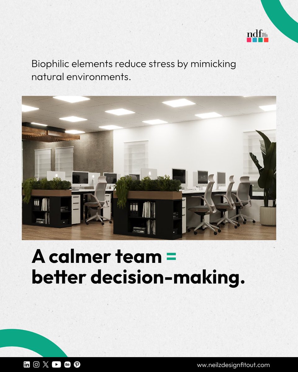neilzdesign's tweet image. Biophilic design does more than elevate aesthetics — it enhances performance.
 Swipe through to discover the psychology behind it.

 Want a workspace that feels alive? Let’s design it.

#neilzdesign #biophilicdesign #workspacedesign #officedesign