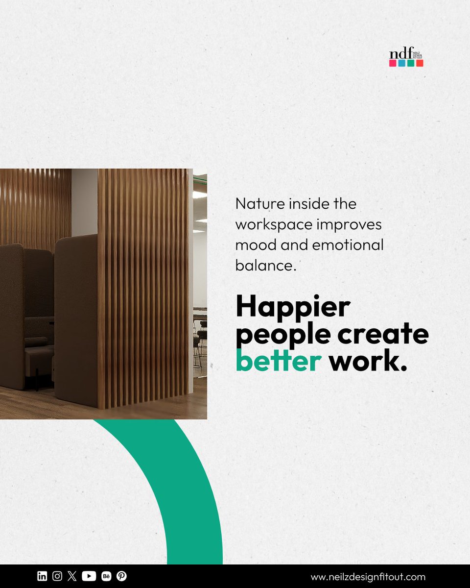 neilzdesign's tweet image. Biophilic design does more than elevate aesthetics — it enhances performance.
 Swipe through to discover the psychology behind it.

 Want a workspace that feels alive? Let’s design it.

#neilzdesign #biophilicdesign #workspacedesign #officedesign