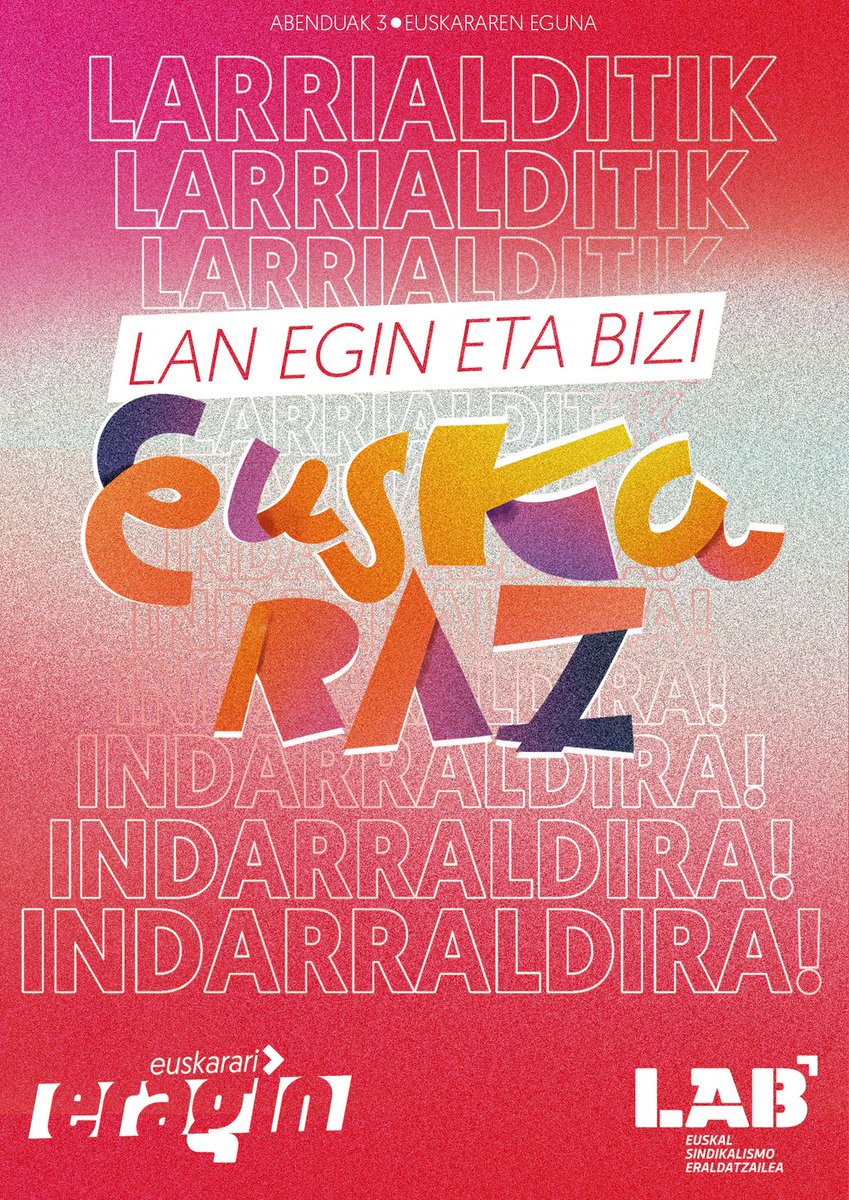 🟢 Larrialditik indarraldira. Lan egin eta bizi euskaraz!

✳ Euskara kinka larrian dagoen garaitik normalizazio osora eramateko garaia da. Hizkuntza politika burujabe baten bidez Euskal Herri euskalduna eraikitzeko garaia da

🔗 labur.eus/qunvuwd6