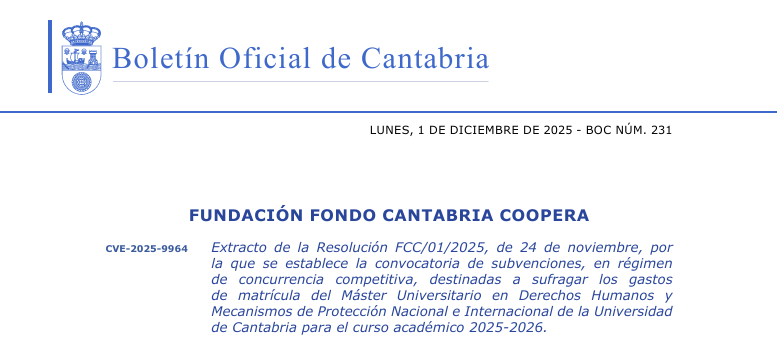 Publicamos la convocatoria de subvenciones destinadas a sufragar gastos de matrícula el Máster de DDHH de <a href="/unican/">Universidad de Cantabria</a> para este curso, 2025-2026.
➡️fondocantabriacoopera.org/detalle/-/jour…
#ODS4 #ODS16