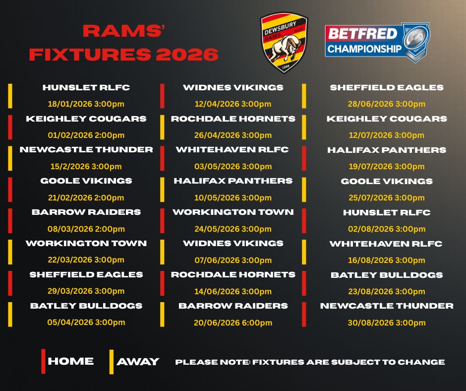 DewsburyRams's tweet image. The wait is over! 🐏💥
Your 2026 Betfred Championship fixtures are HERE!