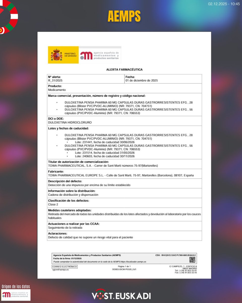 ⚠️ Alerta sanitaria
La AEMPS advierte sobre detección de una impureza por encima de su límite establecido

👉 Algunos lotes presentan incidencias, se han adoptado medidas temporales, es un defecto de calidad que NO supone un riesgo vital para el paciente, según refiere la AEMPS
