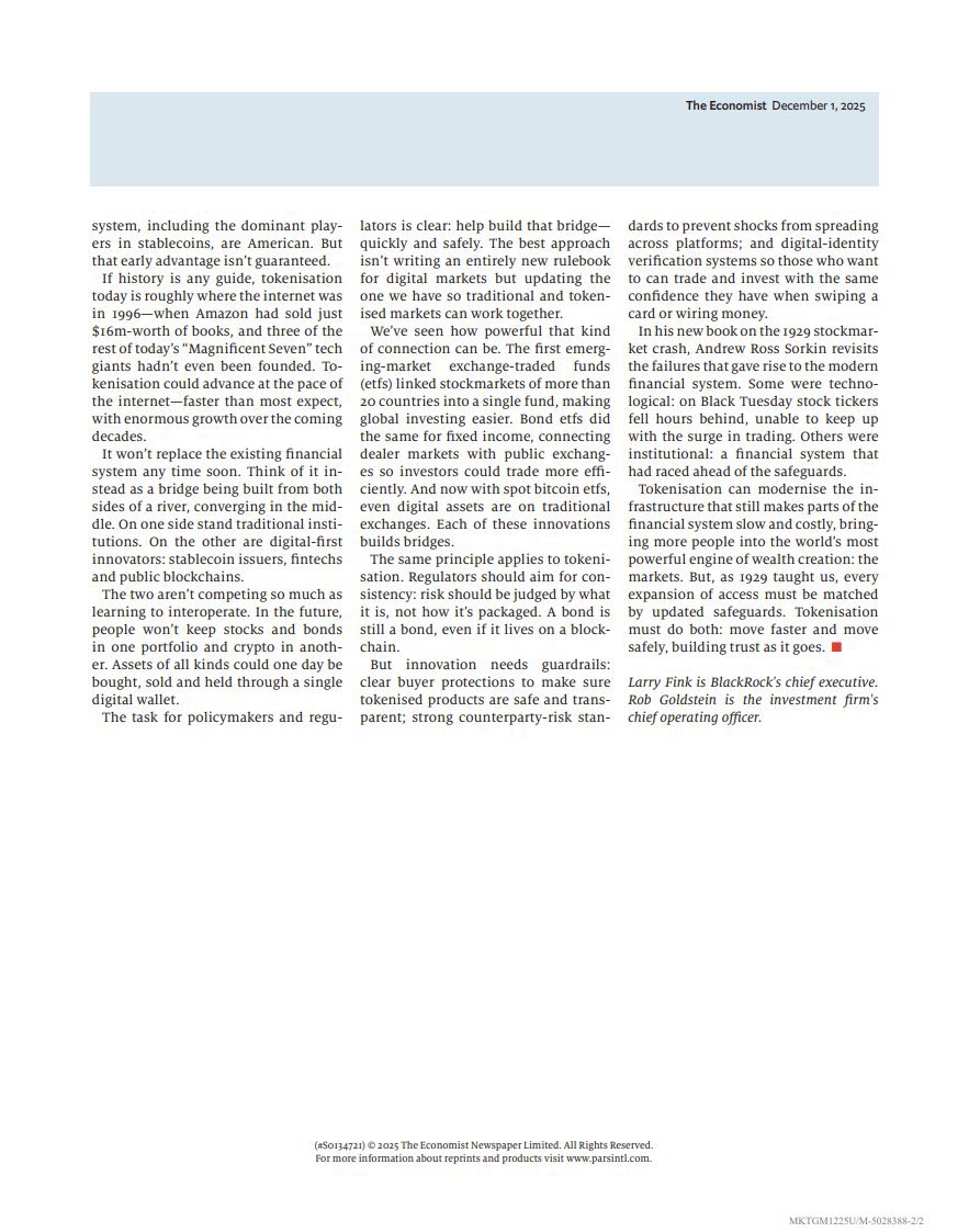 alvinfoo's tweet image. Tokenisation is about to do for finance what the internet did for information.

Key insights from The Economist’s feature with Larry Fink &amp;amp; Rob Goldstein:

🚀 Settlement becomes instant.
No more T+2. Tokenised assets settle in seconds, unlocking trillions stuck in slow post-trade…