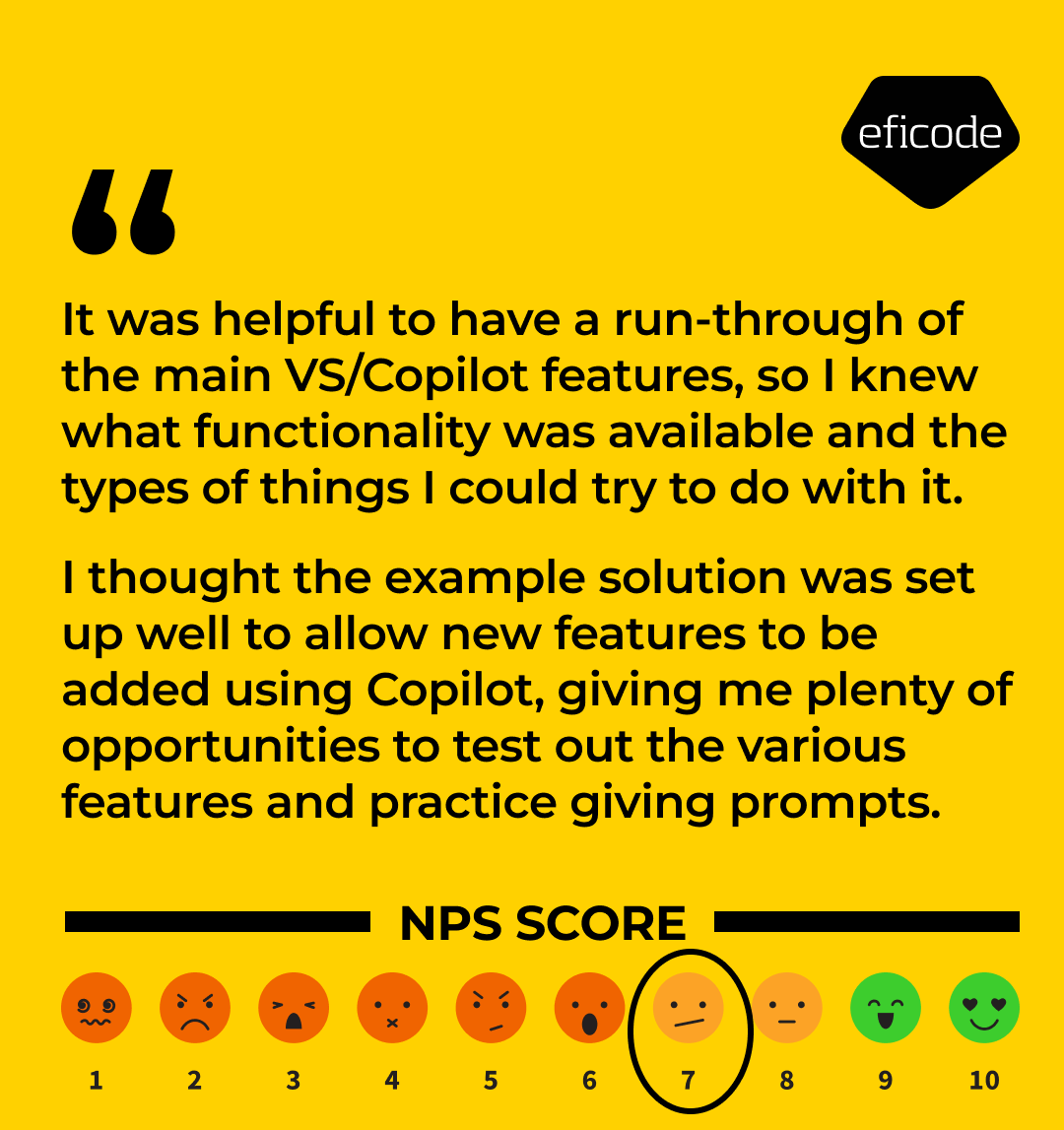 Eficode's tweet image. When people get space to explore #GitHubCopilot hands-on, they quickly see what’s possible. This feedback from a participant in the insurance software space shows how practical learning builds confidence and momentum. #DevEx #AIinSoftwareDevelopment