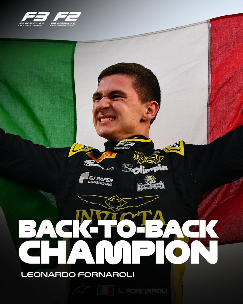 Formula2's tweet image. The back-to-back champ 🏆🏆

@LeonardoForna follows in the footsteps of Oscar Piastri and Gabriel Bortoleto by winning the #F2 and
@Formula3 titles in back-to-back years 👣

#RoadToF1