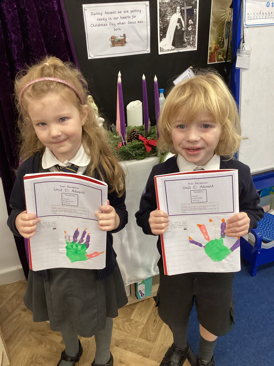 Reception painted their own handprint Advent wreaths and thought carefully about the colour of each candle.