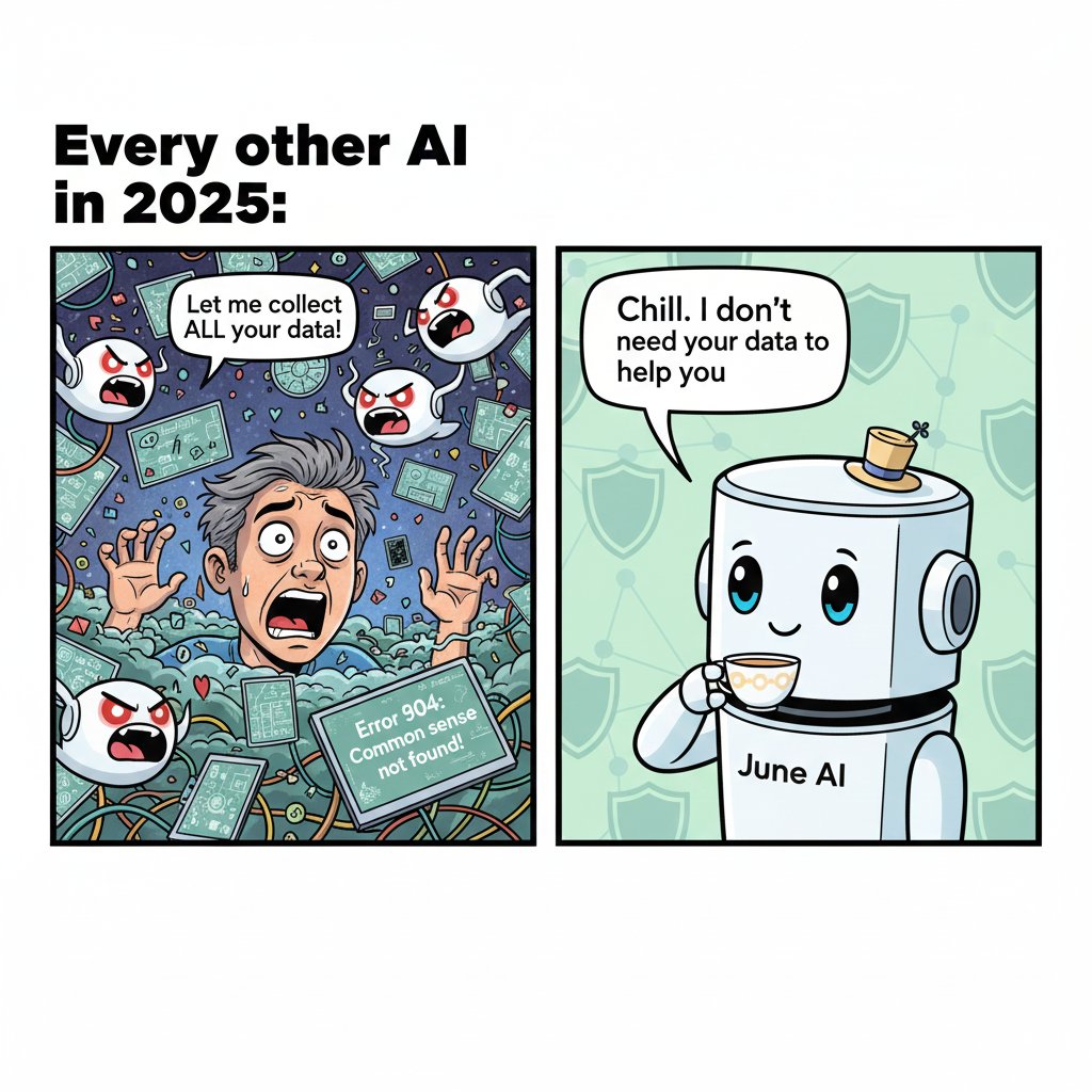 cloud_Hatch1's tweet photo. AI chaos everywhere… and @askjuneai is just chilling, helping without taking your data. 🤖 https://t.co/REJVRGDiSS