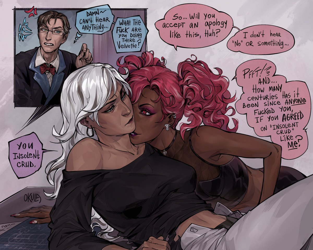 auntyOkula's tweet image. Carmilla accepted Velvette’s apologies 💅💅💅
+ bonus page 
#Velmilla #CarmillaCarmine #Velvette #Vox #Zestial #HazbinHotel #hazbinhotelseason2 

(but i became too lazy to draw details so their designs are simple here)