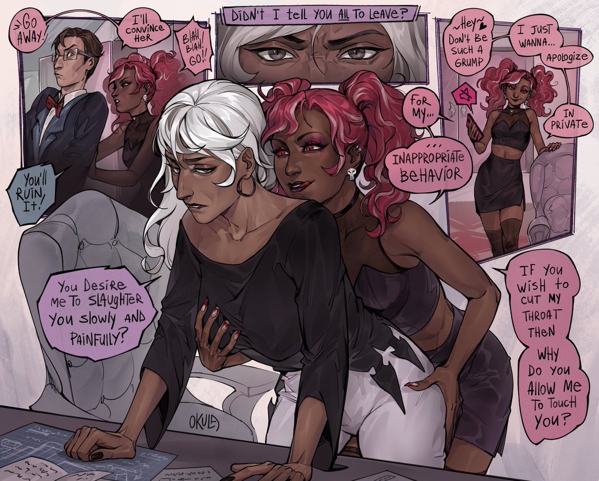 auntyOkula's tweet image. Carmilla accepted Velvette’s apologies 💅💅💅
+ bonus page 
#Velmilla #CarmillaCarmine #Velvette #Vox #Zestial #HazbinHotel #hazbinhotelseason2 

(but i became too lazy to draw details so their designs are simple here)