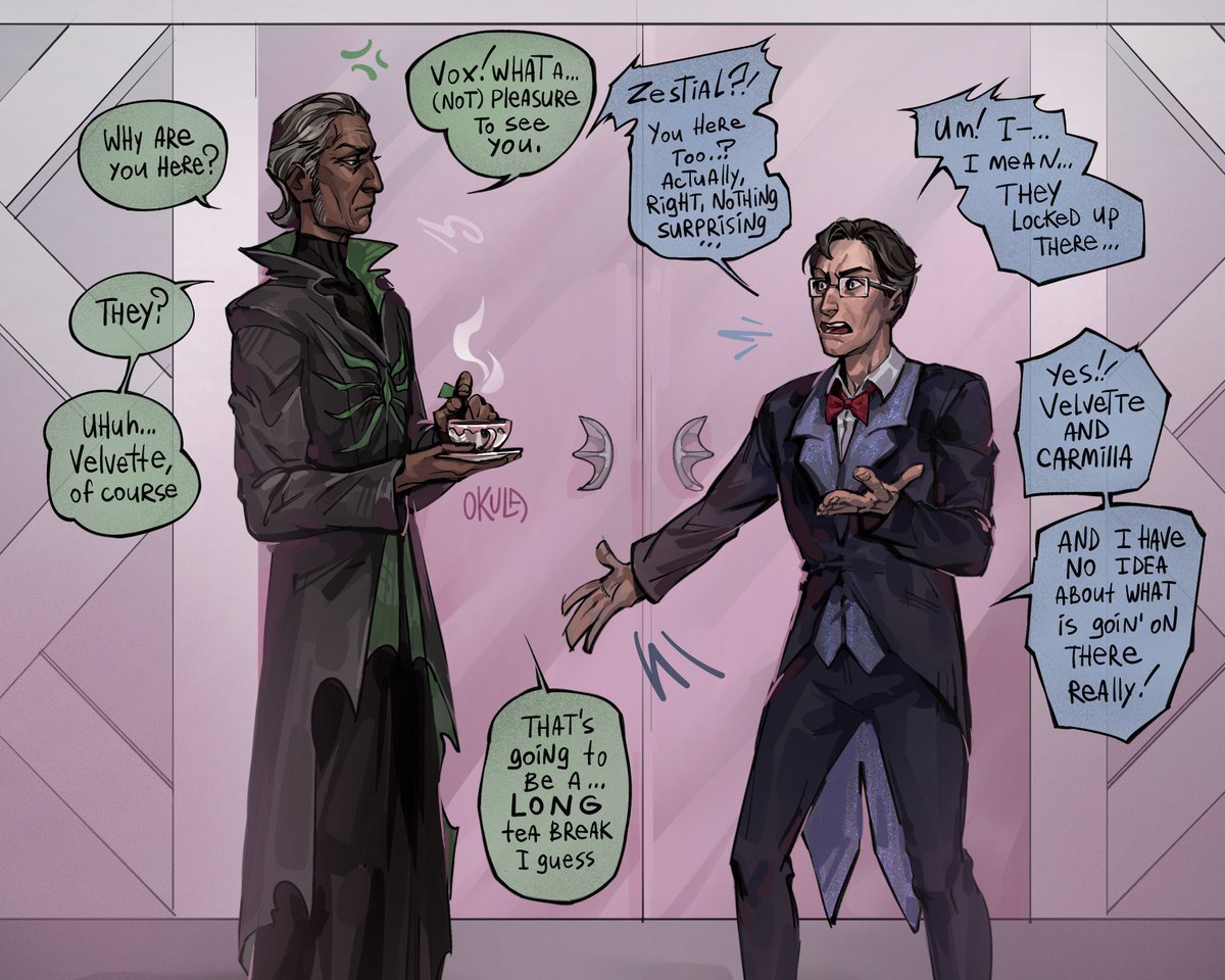 auntyOkula's tweet image. Carmilla accepted Velvette’s apologies 💅💅💅
+ bonus page 
#Velmilla #CarmillaCarmine #Velvette #Vox #Zestial #HazbinHotel #hazbinhotelseason2 

(but i became too lazy to draw details so their designs are simple here)