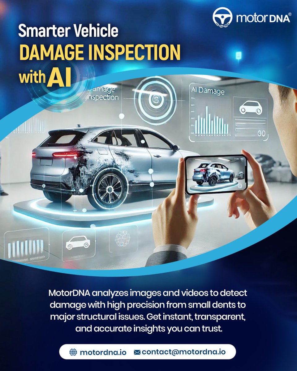 motor_dna's tweet image. MotorDNA’s 360° inspection analyzes images and videos to detect damage, defects, and modifications, delivering fast, accurate, and consistent vehicle condition reports.
.
.
.
.
#MotorDNA #VehicleInspection #AutoTech #SmartInspection #VehicleAssessment #DigitalInspection
