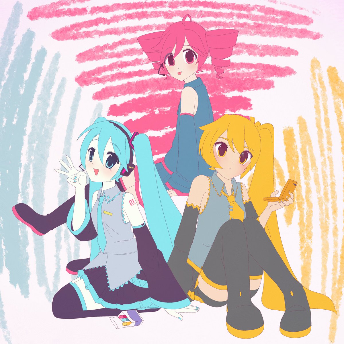 aselixr's tweet photo. I wanted to draw that old moe anime style and thought triple Baka would be the perfect subject for it

#HatsuneMiku #AkitaNeru #kasaneteto https://t.co/a8mnFwdpPD