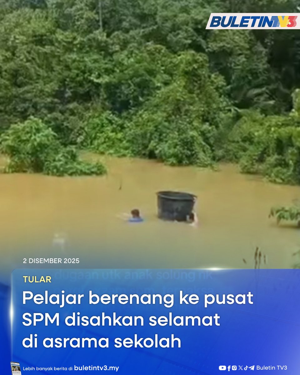 TULAR | Jabatan Pendidikan Negeri (JPN) Pahang mengesahkan isu tular seorang pelajar tingkatan lima di Lipis yang terpaksa berenang meredah air banjir untuk menduduki Sijil Pelajaran Malaysia (SPM) 2025 berada dalam keadaan selamat.

#BuletinTV3 #BeritaTerkini #Banjir #Tular #SPM