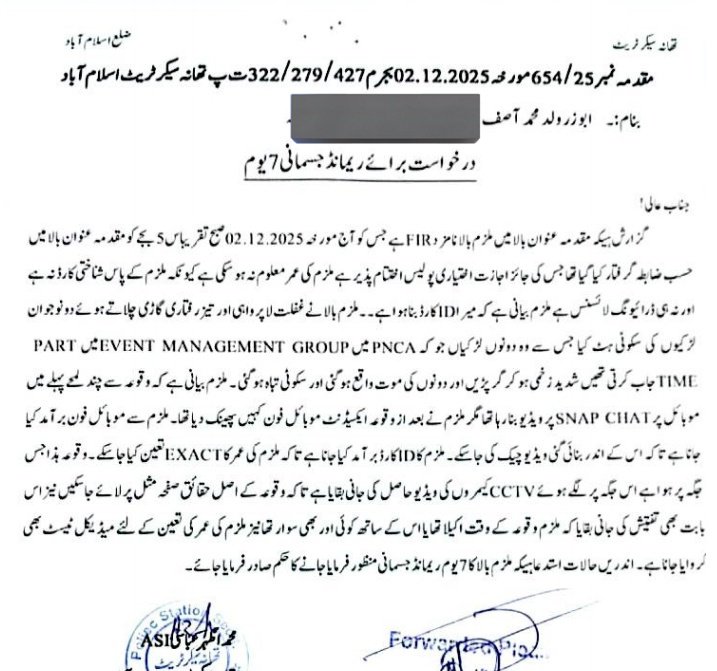 محمد ابوذر جس کی عمر سولہ سال ہے اس نے ریڈ زون کے ایریا میں رات ایک بجے کے بعد سکوٹی سوار دو خواتین کو کچل ڈالا جو موقع پر ہی جانبحق ہو گئیں ملزم اسلام آباد ہائیکورٹ کے جج جسٹس اصف محمود کا بیٹا ہے جج صاحب خواتین کے لواحقین سے صلح صفائی کے بھرپور دباؤ ڈال رہے ہیں اب سول سوسائٹی