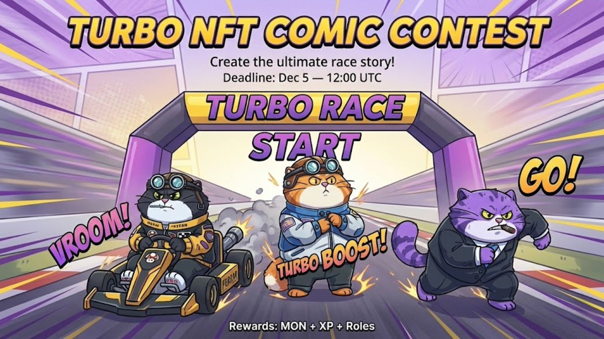 TalentumID's tweet photo. Gturbo monad fam! 🚀 TURBO NFT COMIC CONTEST IS LIVE! 🐱

Create a comic about the start of the Turbo Cats race and tell your own adventure-packed story
Comic, strip, sequence, or video - everything counts

To enter:
- Retweet + Quote this tweet with your submission
- Post your work in the contest thread (in Discord)

🏆 Prizes: $MON + XP + Monadlord & Creator roles
⏳ Deadline: Dec 5, 12:00 UTC
📘 Full details available in our Discord

Let the Turbo Cats race begin - show us your universe!