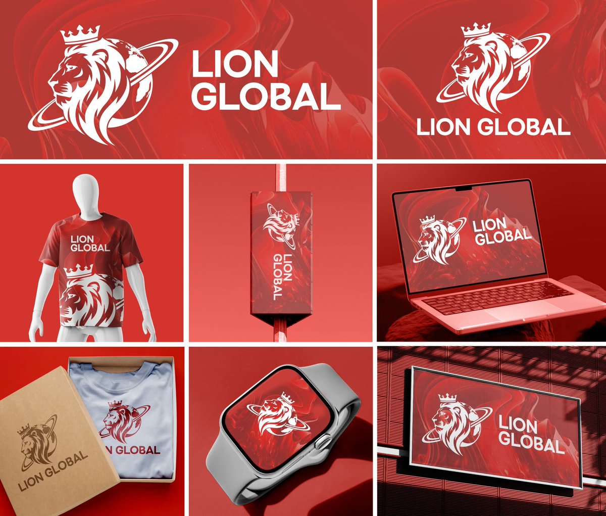 Sg_Graphic768's tweet image. Presenting LION GLOBAL, a bold and premium brand identity showcasing strength, leadership, and global presence. The crowned lion, orbit element, and powerful red palette create a dynamic, authoritative look. More exciting client projects coming soon! #LogoDesign #BrandIdentity
