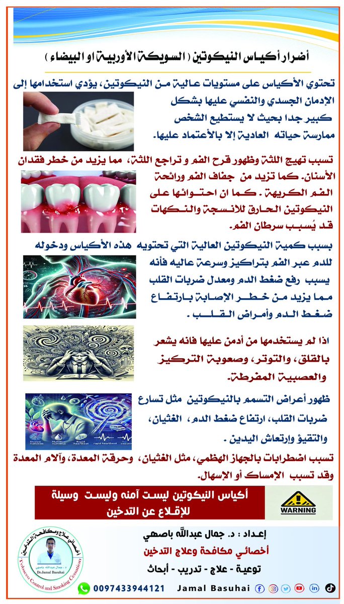 بسبب تراكيزها العالية من النيكوتين حيث توجد بتراكيز ٦ و٨ و١٢ و١٤ ملجرام نيكوتين اي مايعادل نيكوتين ٦ الى ١٤ سيجاره في الكيس الواحد فاننا بدانا نلاحظ اعراض غريبه على مستخدميها مثل ضعف التركيز والعصبية والتوتر في حالة التاخر في استخدامها مما جعل مستخدميها في إدمان وإعتماد كلي عليها