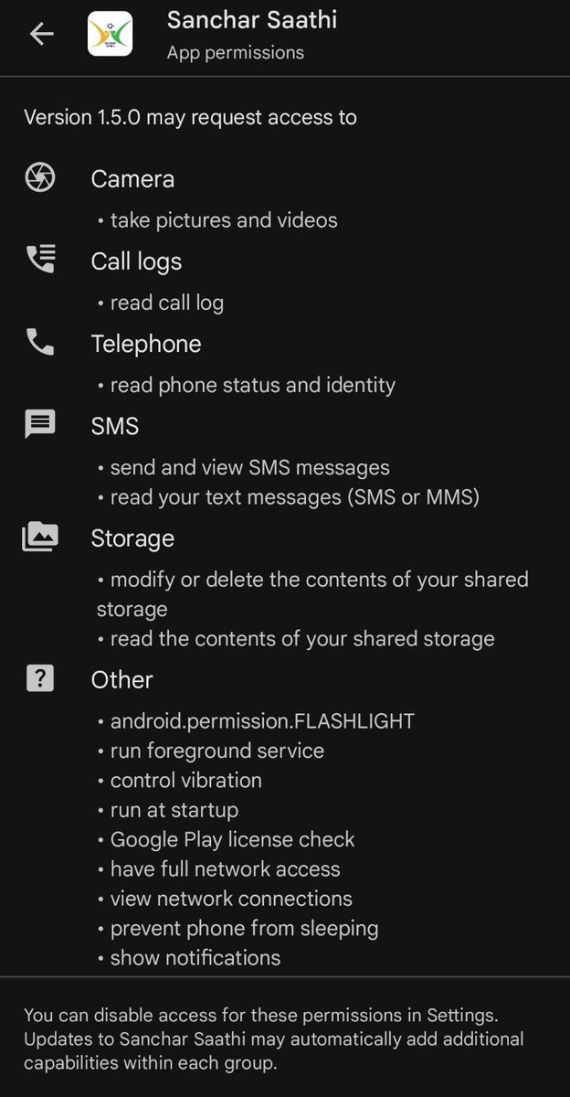 saikirankannan's tweet image. 🚨 The Sanchar Saathi Permissions Are Far More Powerful Than What an IMEI App Should Ever Need

Look at the permissions this app requires.

It’s not just IMEI access.
It’s almost full device control.