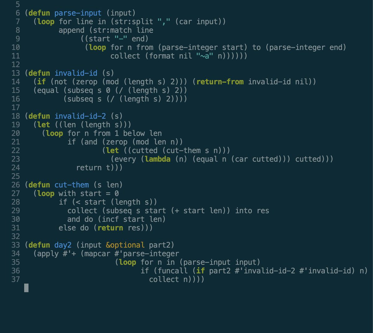 ccQpein's tweet image. #AdventOfCode day2 #lisp 

invalid-id is the special situation of invalid-id-2, I can merge them. I just too lazy.