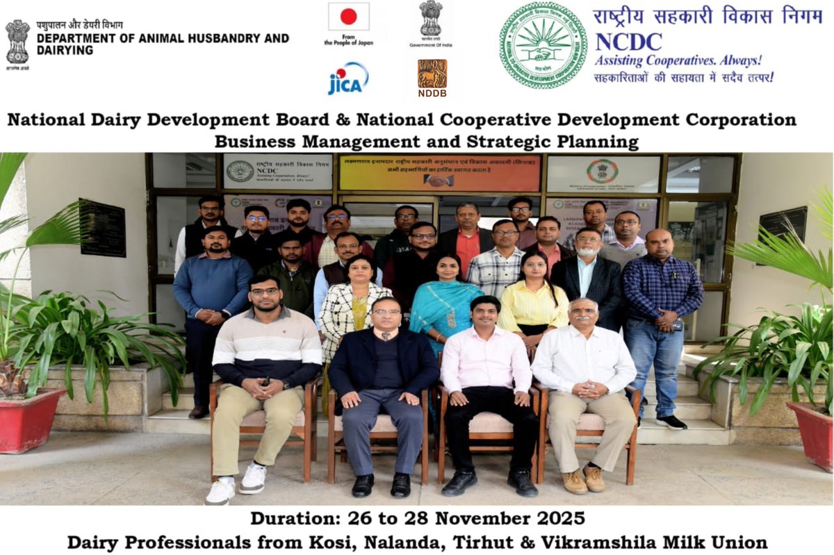 NDDB_Coop's tweet image. NDDB conducted a three-day Training Programme on Business Management &amp;amp; Strategic Planning at the Laxmanrao Inamdar National Academy for Cooperative Research and Development (LINAC), Gurugram, under the JICA-supported Dairying through Cooperatives Project (Component B of NPDD).…