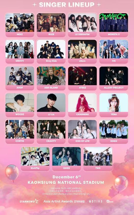 2025 Asia Artist Awards Lineup
📍Kaohsiung National Stadium, Taiwan

NEXZ
RIIZE
LE SSERAFIM
MONSTA X
MEOVV
Stray Kids
xikers
IVE
AHOF
Ash Island
ATEEZ
ALLDAY PROJECT
WOODZ
JJ LIN
YENA
CORTIS
CRAVITY
KISS OF LIFE
KiiiKiii
KickFlip
CHANMINA
QWER
TWS

#2025AsiaArtistAwards #aaa2025