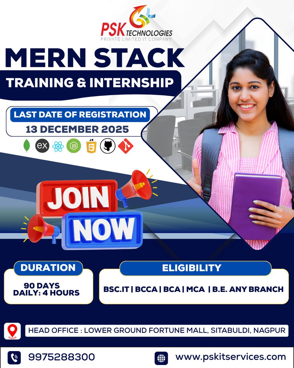 TechnologiesPsk's tweet image. 🚀 90 Days IT Internship for BSc IT / BCCA / BCA / MCA / B.E. (Any Branch)!
Learn ReactJS, Node.js, MongoDB, Projects &amp;amp; more 💻🔥
📍 PSK Technologies, Nagpur
📅 Last Date: 13 Dec 2025
📞 09975288300
#Internship2025 #TechInternship #MERNStack #WebDev #ITTraining #Nagpur #Students