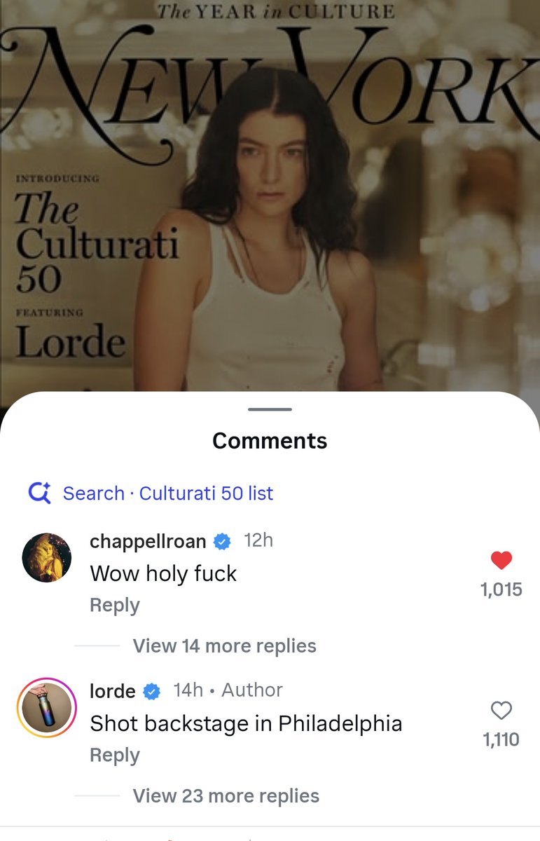 Lorde_fix's tweet photo. Chappell Roan left a comment on Lorde's NY Mag Instagram post

  – "Wow holy fuck" https://t.co/NCCvIvXoHV