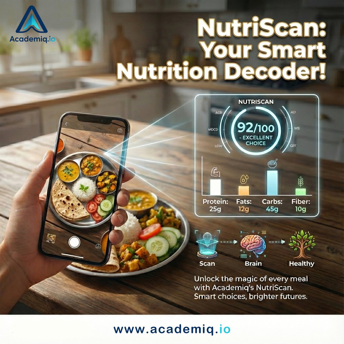 Academiq_ai's tweet photo. As parents, we want the best for our kids.
NutriScan makes it easy — just scan your meal and get instant nutrition insights.
Small step, big impact. ✨
#NutriScan #Academiqio #HealthyIndia #IndianMoms #SmartEating #NutritionMatters #HealthyLifestyleIndia #EatSmartIndia https://t.co/7xtQKdsvph