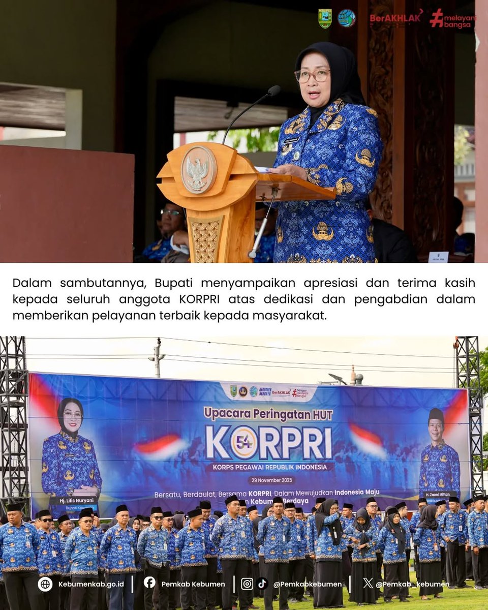 pemkab_kebumen's tweet photo. Enam ASN terbaik menerima penghargaan Anggota KORPRI Teladan yang diserahkan langsung oleh Bupati Kebumen Lilis Nuryani usai Upacara HUT ke-54 KORPRI di Halaman Pendopo Kabumian, Selasa (2/12/2025).#pemkabkebumen #kebumenberdaya #hutkorpri #asnteladan #asnkebumen https://t.co/JcsgVAXPEc