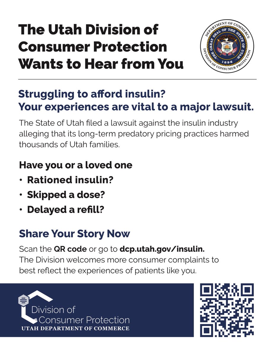UTinsulin4all's tweet photo. The State of Utah is suing the insulin industry over predatory pricing and wants to hear from you!

Save this image and click on the QR code or go to https://t.co/p9qKMrJk8O and share your thoughts!

This is an easy way to get involved! 💉♥️ https://t.co/a3UA3ILN9q