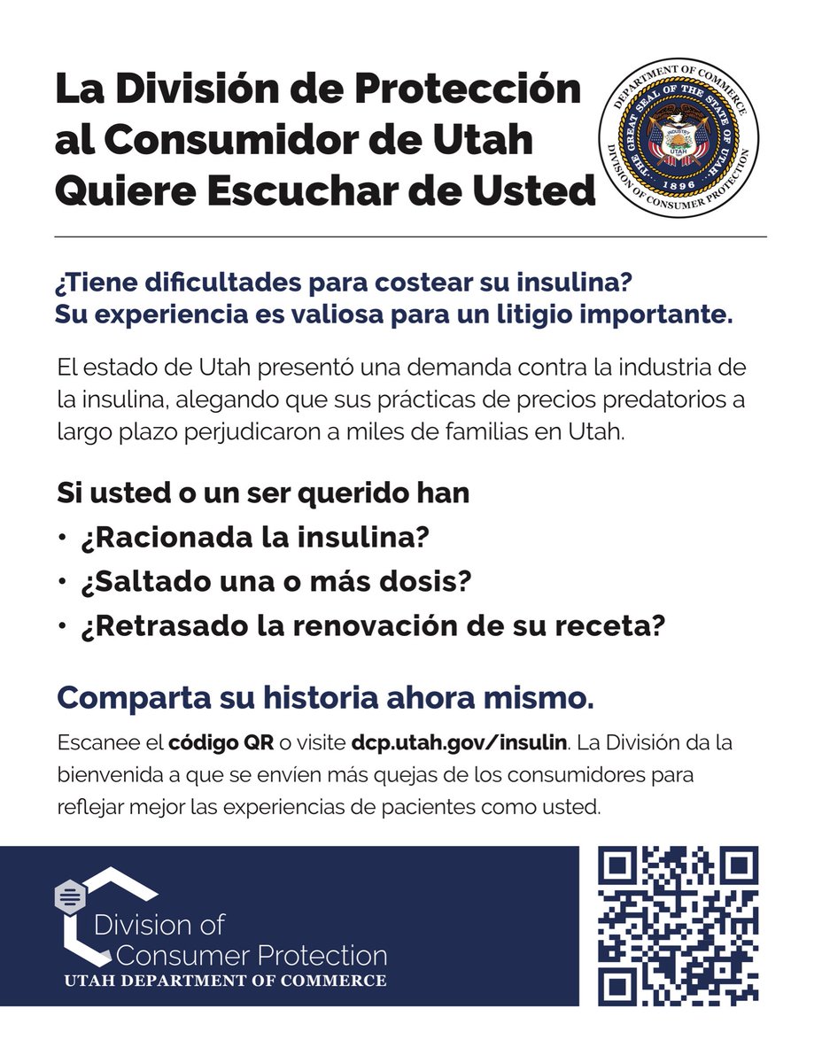 The State of Utah is suing the insulin industry over predatory pricing and wants to hear from you!

Save this image and click on the QR code or go to dcp.utah.gov/insulin and share your thoughts!

This is an easy way to get involved! 💉♥️