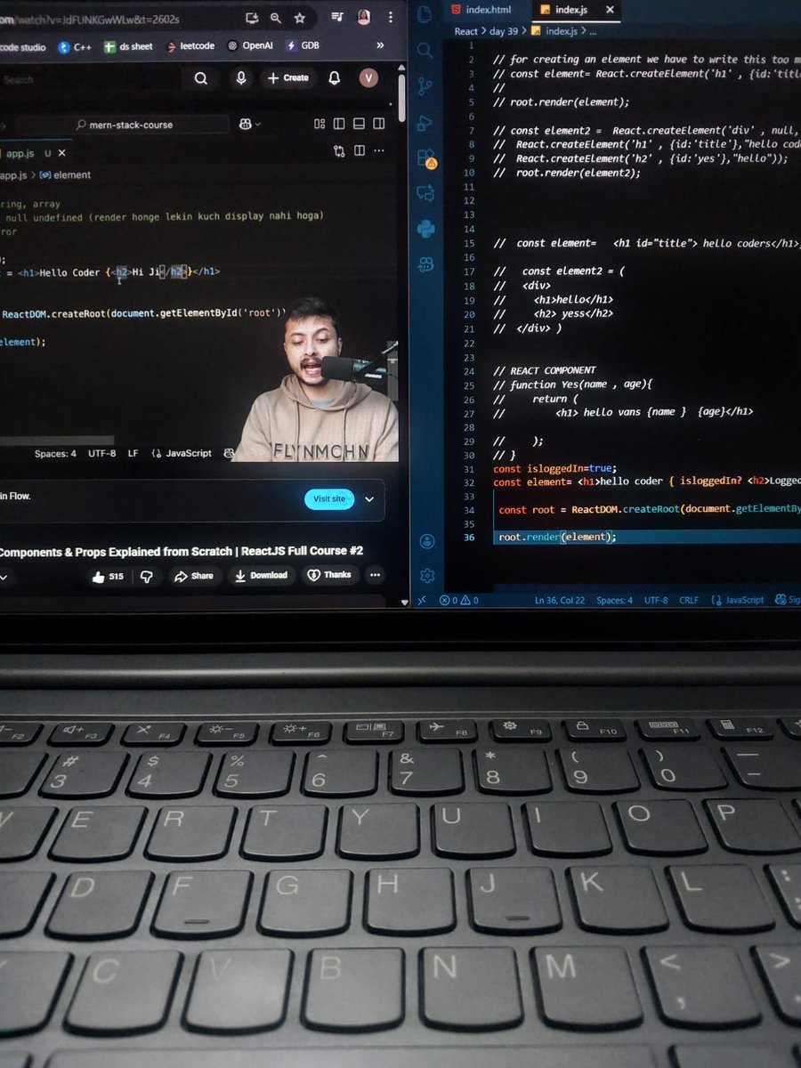 vanshi6sept's tweet image. ✨Day-39 of my WebDev journey by @rohit_negi sir!
just wrap up JSX (JavaScript XML) : Looks like HTML.
Babel that converts JSX into Plain JS.
React Component : which is nothing just a Function that returns a JSX .
#React #ReactJS #JavaScript  #Frontend #Coding #LearnReact #JSX