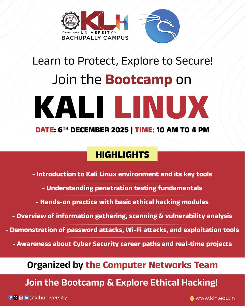 klhuniversity's tweet image. Boost your cybersecurity skills with the Kali Linux Bootcamp at KLH Bachupally! Get hands-on training in ethical hacking, penetration testing, and real-time projects to kickstart your tech career.

#KaliLinux #CyberSecurity #EthicalHacking #KLHBachupally #TechSkills