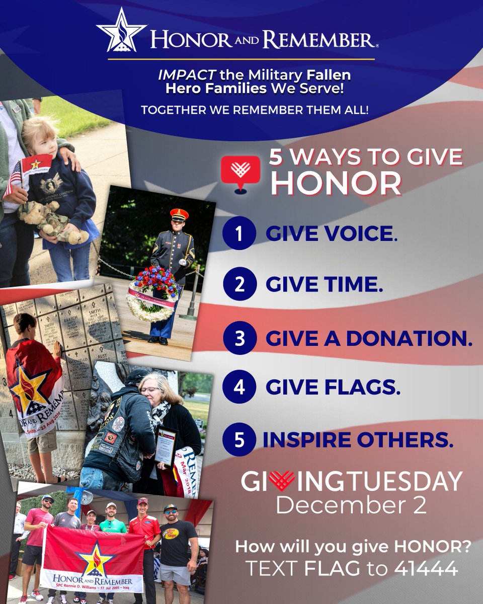 HonorRemember's tweet image. Today is Giving Tuesday. 𝗛𝗼𝘄 𝘄𝗶𝗹𝗹 𝘆𝗼𝘂 𝗰𝗵𝗼𝗼𝘀𝗲 𝘁𝗼 𝗴𝗶𝘃𝗲 𝗛𝗢𝗡𝗢𝗥?

𝗧𝗼 𝗱𝗼𝗻𝗮𝘁𝗲, either 𝘁𝗲𝘅𝘁 𝗙𝗟𝗔𝗚 𝘁𝗼 𝟰𝟭𝟰𝟰𝟰 or 𝗰𝗹𝗶𝗰𝗸 𝗵𝗲𝗿𝗲 👉 bit.ly/Donate_Honor

Together We Remember Them All! ⭐🇺🇸

#HonorRemember #GivingTuesday #GetInvolved