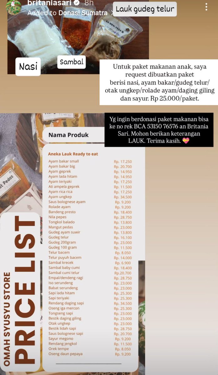 Yang bingung sumbang apa utk teman2 di Sumatera. Bisa pesen makanan dari mbak Britania ini. Ngga perlu dimasak dan bisa tahan lama. Dulu liat ini dibuat di Jepang buat Bencana, taunya udah ada. Inovasi kayak gini penting !
instagram.com/britaniasari?i…
