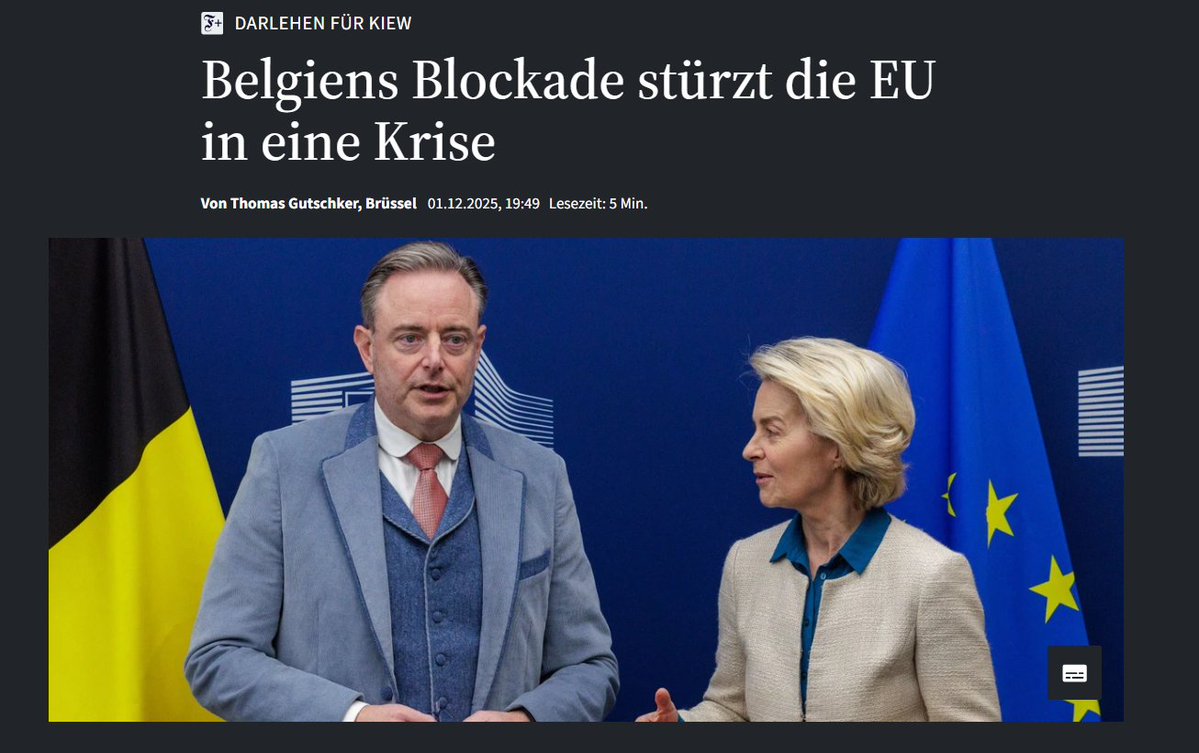 Europa hat 220 Milliarden – und keinen Plan:
Belgien blockiert russische Gelder für die Ukraine mit dem Argument, man dürfe Trumps Deal mit Putin nicht stören.
Der belgische Ministerpräsident Bart De Wever hat, wie die FAZ berichtete, in einem Brandbrief an Kommissionspräsidentin
