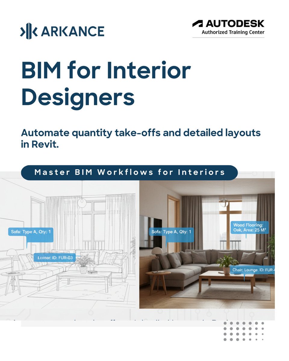 Arkancein's tweet image. Design meets data. ✨
With BIM for Interiors, automate BOQs, material schedules, and furniture layouts — all inside Revit.
Less manual work. More precision. Faster delivery.

👉 Master BIM for Interiors → eu1.hubs.ly/H0q3pT20

#BIMforDesign #DigitalDesign #ArkanceIndia