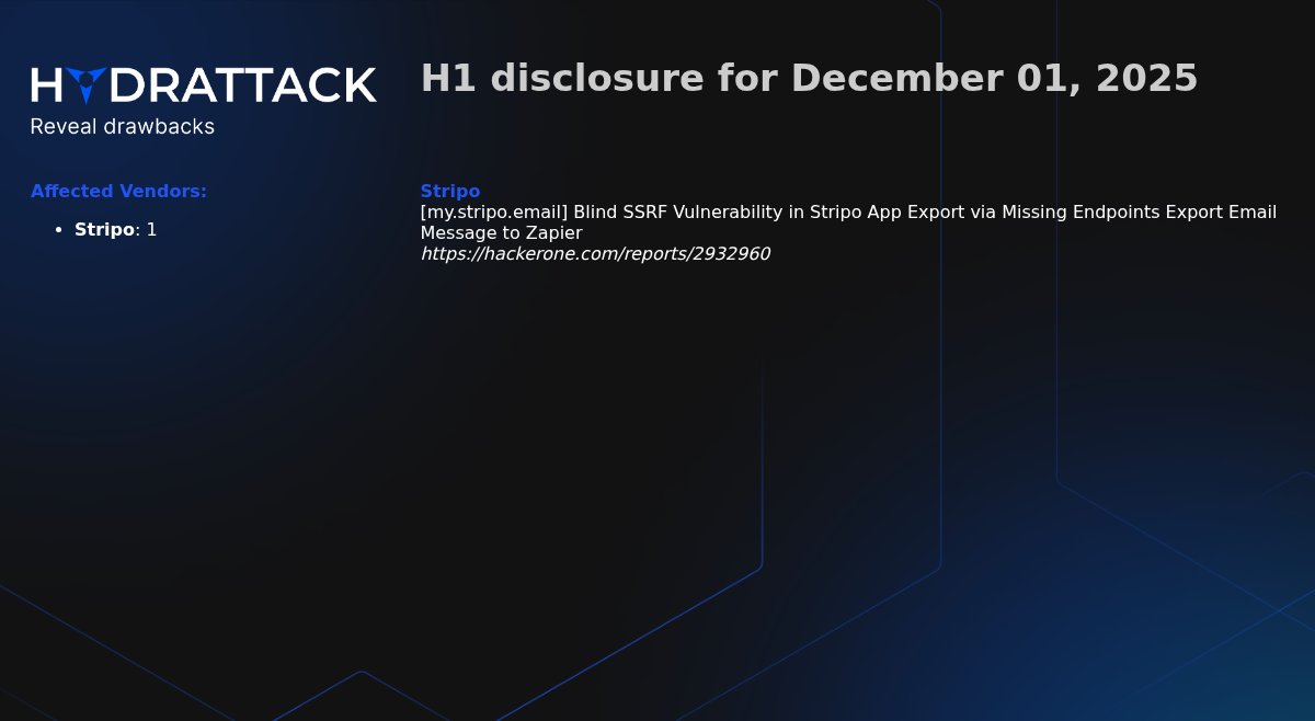 EASM_HydrAttack's tweet image. #HackerOne (h1) disclosure report for December 01, 2025:

Stripo: 1

#h1 #report #vulnerabilities #hydrattack

More details: t.me/HydrAttack