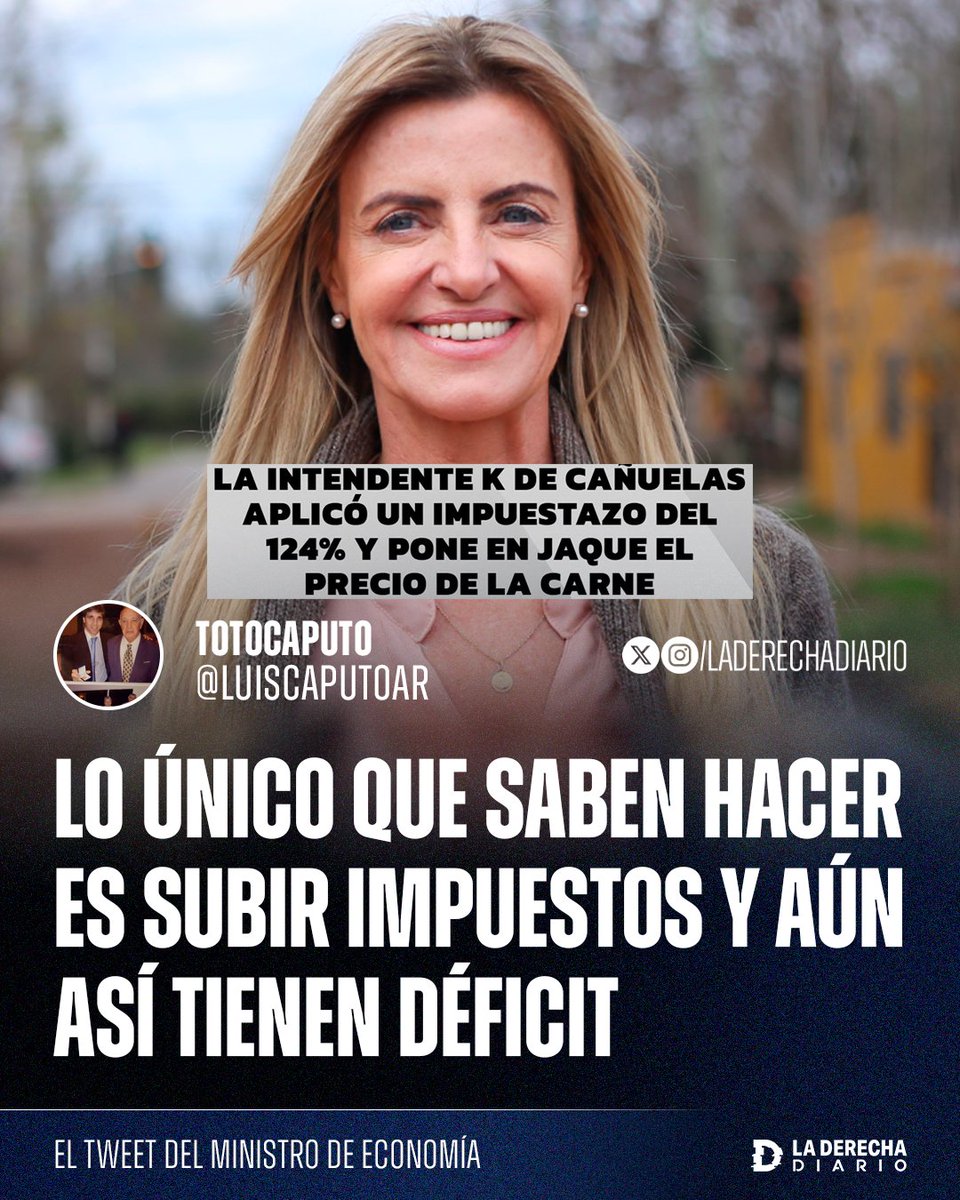 🚨🇦🇷 | "Lo único que saben hacer es subir impuestos y aún así tienen déficit": Toto Caputo destruyó a la intendente kirchnerista de Cañuelas luego de que aumente un 124% la "tasa de guía municipal" en 2025, poniendo en jaque el precio de la carne, según denunció la Cámara