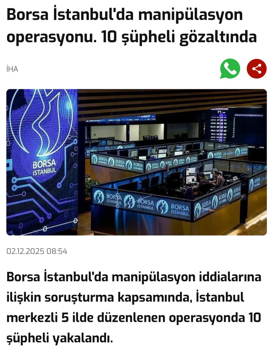ibrahim___ethem's tweet image. 🚨Borsa İstanbul’da manipülasyon operasyonu.

🗣️ İstanbul merkezli operasyonda Ankara, Antalya, Samsun ve Kahramanmaraş’ta eş zamanlı baskınlar ile 10 şüpheli yakalandı.
🗣️Soruşturma konusu, “suç işlemek amacıyla örgüt kurma&quot; ve “bilgi bazlı piyasa dolandırıcılığı”.