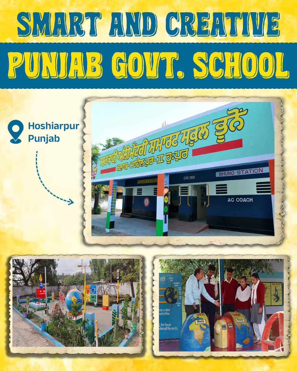 Punjab_Progress's tweet image. A Smart &amp;amp; Creative Punjab Govt. School — transforming education with innovation and imagination. The Hoshiarpur Primary Government School is beautifully designed like a train station — a creative approach to make learning fun.