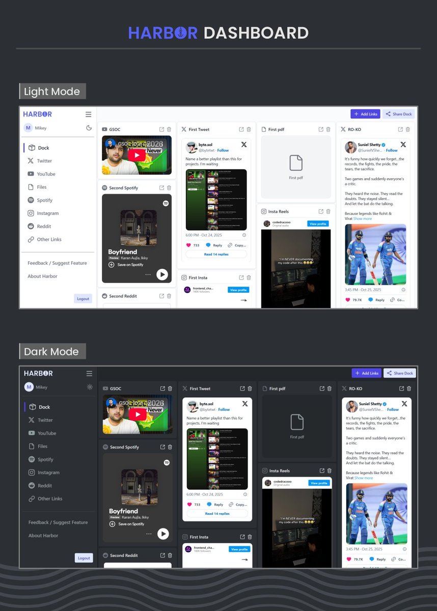 _debesh2604's tweet image. Tired of losing links in chat chaos? 😮‍💨
I built HARBOR ⚓ — a clean home for every link, idea &amp;amp; inspo you want to revisit.
Grateful for the help from @kirat_tw 🤝
Check it out 👇
harborflow.vercel.app

#100xDevs #buildinpublic