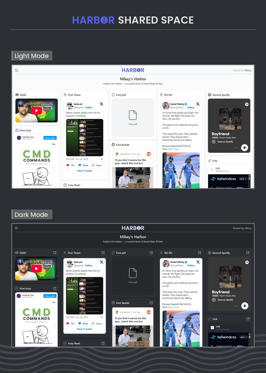 _debesh2604's tweet image. Tired of losing links in chat chaos? 😮‍💨
I built HARBOR ⚓ — a clean home for every link, idea &amp;amp; inspo you want to revisit.
Grateful for the help from @kirat_tw 🤝
Check it out 👇
harborflow.vercel.app

#100xDevs #buildinpublic