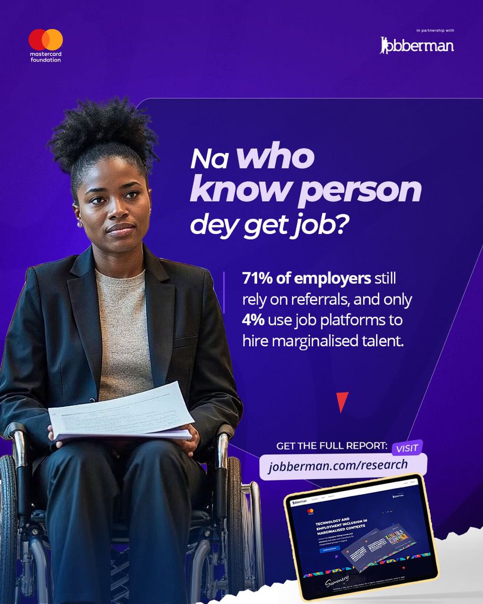 Eeoghenekevwe's tweet photo. When job seekers say, “Work no dey this country,” this is what they’re talking about.
About 71% of employers still rely on referrals to hire, and only 4% turn to digital platforms to reach marginalised talent. @Jobbermandotcom’s new report sheds more light on this.
Grab your free copy https://t.co/8oDPAPvnF7 #TEIMCReport #JobSearchReality