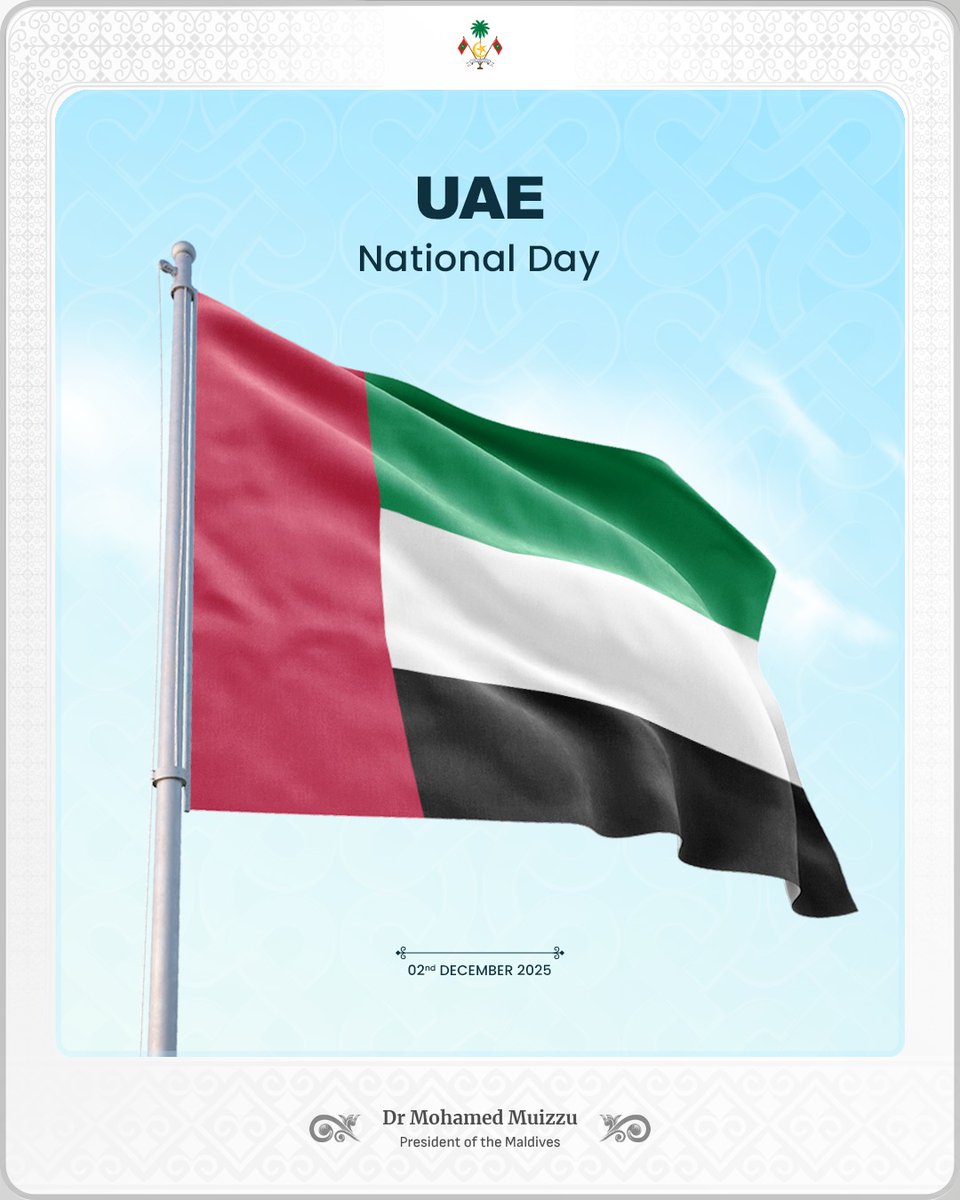 MMuizzu's tweet image. I extend my heartfelt felicitations to His Highness Sheikh Mohamed bin Zayed Al Nahyan @MohamedBinZayed, President of the United Arab Emirates and the brotherly people of the United Arab Emirates on the occasion of UAE National Day.

This day marks the remarkable journey of…