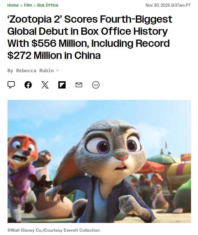 RnaudBertrand's tweet image. That&apos;s the strength of the Chinese market: Zootopia 2 was released globally last Wednesday and so far 50% of its global revenue comes from China.

It shows that when they embrace a product, the size of the Chinese market is the same as the rest of the world, combined.

Src:…